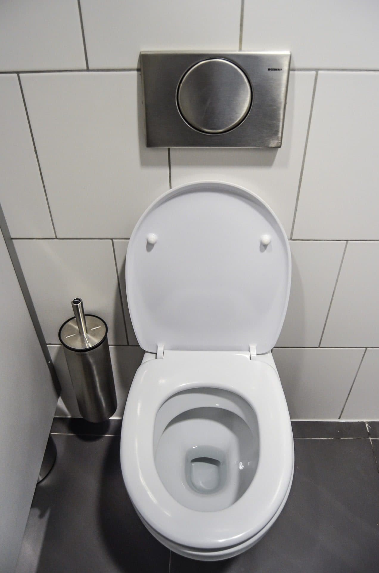A clean, tiled restroom