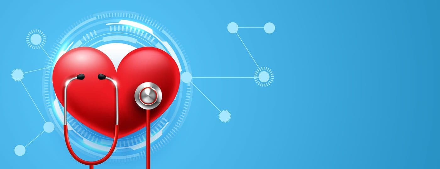 An illustration of a heart with a stethoscope resting against it