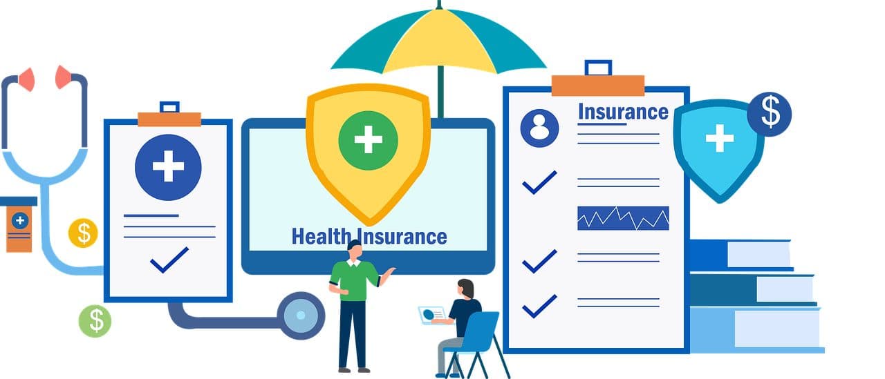 An illustration of health insurance paperwork, coverage shields and a stethoscope